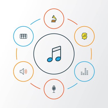 Multimedya renkli anahat simgelerini belirlemek. Sevgilisi, Mikser, ses ve diğer öğeleri koleksiyonu. Ayrıca kapak, ses, sevgili gibi simgeler içerir.