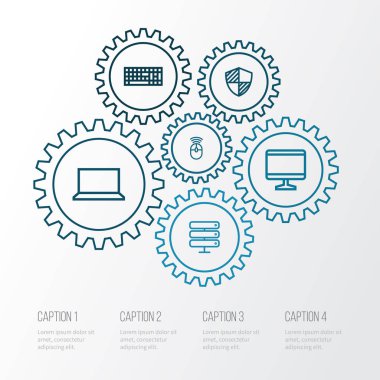 Bilgisayar anahat simgelerini belirlemek. Datacenter, periferik, tuş takımı ve diğer öğeleri koleksiyonu. Ayrıca içerir gibi korumak, Notebook, bilgisayar simgeleri.