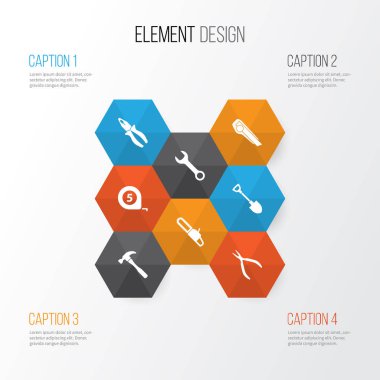 Handtools simgeler kümesi. Somun anahtarı, kesici, kelepçe ve diğer öğeleri koleksiyonu. Ayrıca kazmak, kesim, çekiç gibi simgeler içerir.