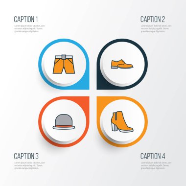 Elbise renkli anahat simgeler kümesi. Adam ayakkabı, şort, Panama ve diğer öğeleri koleksiyonu. Ayrıca özetleri, Panama, kadın gibi simgeler içerir.