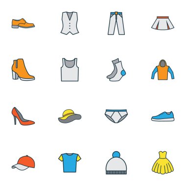 Elbise renkli anahat simgeler kümesi. Pantolon, spor ayakkabı, erkek ayakkabı, diğer öğeleri koleksiyonu. Ayrıca, gömlek, elbise, bluz gibi simgeler içerir.