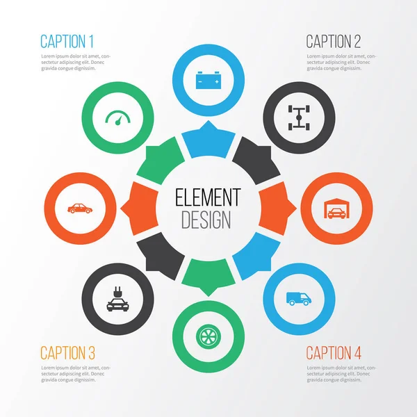 Otomatik Icons Set. Tak, tekerlek, otomotiv ve diğer öğeleri koleksiyonu. Elektrik, hız göstergesi, Van gibi semboller de içerir.