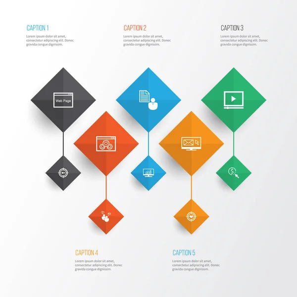 Set de icoane SEO. Colectarea site-ului web, optimizarea căutării, performanța paginii web și alte elemente. Include, de asemenea, simboluri, cum ar fi Digital, Newsletter, Browser . — Vector de stoc