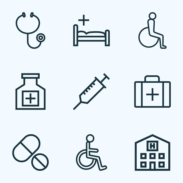 Drogen disposition ikoner Set. Samling av injektion, byggnad, tabletter och andra element. Innehåller också symboler såsom handikappade, byggnad, stetoskop. — Stock vektor