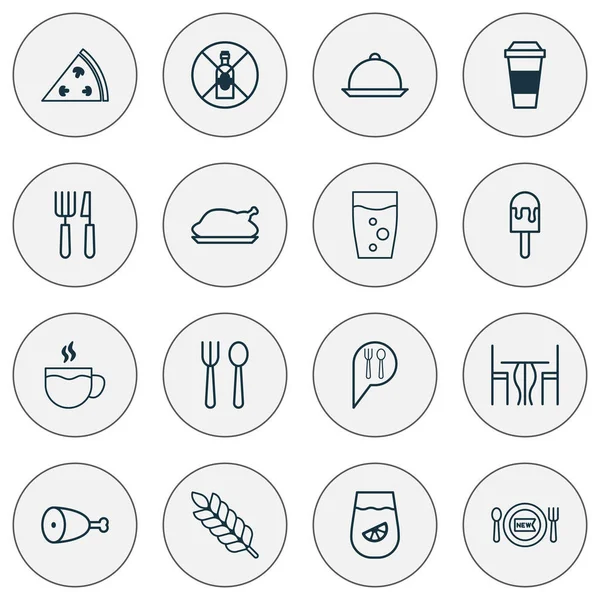 Icons Set yemek. İçecek, limonata, kızarmış tavuk ve diğer öğeleri koleksiyonu. Ayrıca, meyve suyu, su rezervasyon gibi sembolleri içerir.