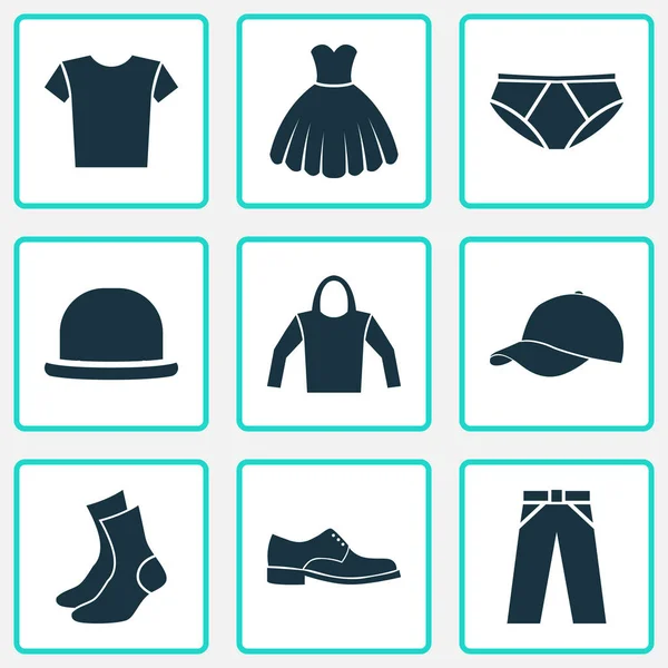 Conjunto de ícones de roupas. Coleção de meia-mangueira, calças, elegância e outros elementos. Também inclui símbolos como masculino, Panamá, Fedora . —  Vetores de Stock