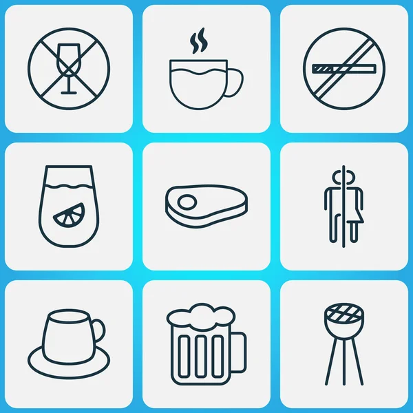 Conjunto de iconos para comer. Colección de dejar de fumar, alcohol prohibido, taza de café y otros elementos. También incluye símbolos tales como alcohol, jugo, Bbq . — Archivo Imágenes Vectoriales