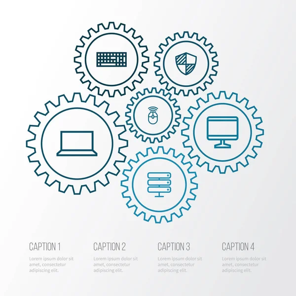 Bilgisayar anahat simgelerini belirlemek. Datacenter, periferik, tuş takımı ve diğer öğeleri koleksiyonu. Ayrıca içerir gibi korumak, Notebook, bilgisayar simgeleri.