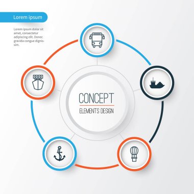 Teslimat Icons Set. Uçuş sepeti, gemi, çapa ve diğer öğeleri koleksiyonu. Nakliye, hava, demir gibi semboller de içerir.