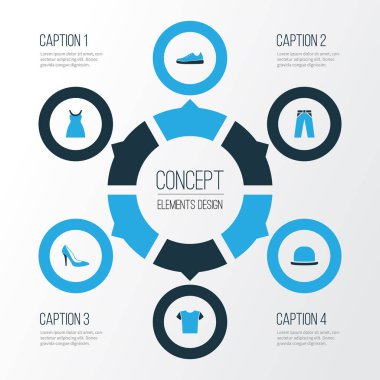 Elbise renkli simgeler kümesi. Panama, elbise, tişört ve diğer öğeleri koleksiyonu. Ayrıca tunik, Panama, pantolon gibi simgeler içerir.