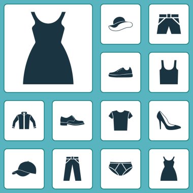 Giysi simgeler kümesi. Topuk ayakkabı, Singlet, rahat ve diğer öğeleri koleksiyonu. Da içeren sembolleri gibi zarif, şort, elbise.