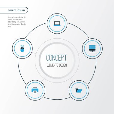 Donanım renkli simgeler kümesi. Denetim, baskı, defter ve diğer öğeleri koleksiyonu. Ayrıca bilgisayar, klasör, periferik gibi simgeler içerir.