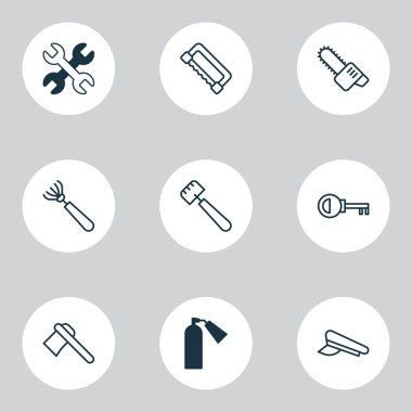 Enstrüman Icons Set. Spatula, parola, polis şapkası ve diğer öğeleri koleksiyonu. De testere gibi simgeler içeren anahtar, testere.