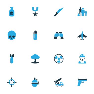 Savaş renkli simgeler kümesi. Dürbün, biyo tehlike, mülteci ve diğer öğeleri koleksiyonu. Ayrıca mülteci, topçu, dürbün gibi simgeler içerir.
