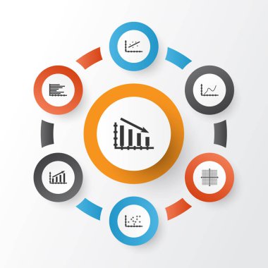 Grafikler, diyagramlar ve istatistik simgeleri kümesi. Kaliteli sembol koleksiyonu. Simgeler web, uygulama ve UI tasarımı için kullanılabilir.