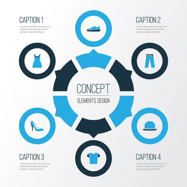 Elbise renkli simgeler kümesi. Panama, elbise, tişört ve diğer öğeleri koleksiyonu. Ayrıca tunik, Panama, pantolon gibi simgeler içerir.
