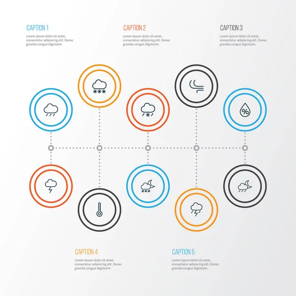 기후 개요 아이콘 설정합니다. 비, 눈, 폭풍우 및 기타 요소의 컬렉션입니다. 비, 습도, % 기호 포함. — 스톡 벡터