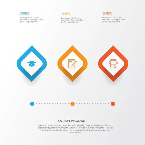 Skolan ikoner Set. Samling av examen, papper, transportfordon och andra element. Innehåller också symboler såsom buss, penna, Cap. — Stock vektor