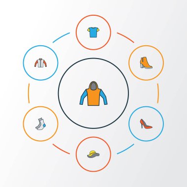 Elbise renkli anahat simgeler kümesi. Şık şapkalar, kadın ayakkabı, çorap ve diğer öğeleri koleksiyonu. Ayrıca bluz, tunik, kazak gibi simgeler içerir.