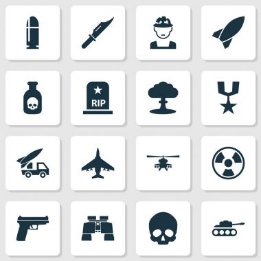 Ordu Icons Set. Panzer, askeri, helikopter ve diğer öğeleri koleksiyonu. Ayrıca Gong, Bio, Kafadericisi gibi simgeler içerir.