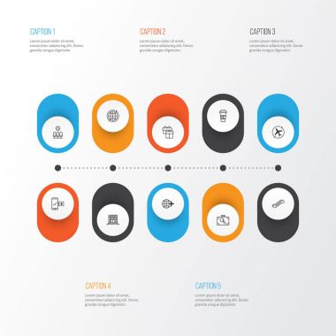 Icons Set seyahat. Dünya, paket servisi olan restoran kahve, Havaalanı üretim ve diğer öğeleri koleksiyonu. Ayrıca kutusu, mobil, uçuş gibi simgeler içerir.