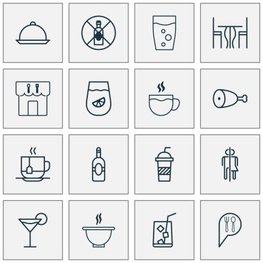 Cafe Icons Set. Soda, kokteyl, Restoran ve diğer öğeleri koleksiyonu. Aynı zamanda Bar, Fried, gibi semboller Hayır içerir.