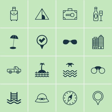Icons Set seyahat. Sahil şemsiye, güvenlik Bagaj, otel ve diğer öğeleri koleksiyonu. Ayrıca dürbün, şemsiye, kamp gibi sembolleri içerir.