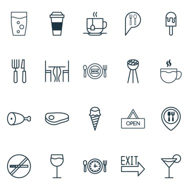 Restoran Icons Set. Kokteyl, içecekler, dondurma ve diğer öğeleri koleksiyonu. Ayrıca sembolleri gibi sıcak, Sigara, içerir Restoran.