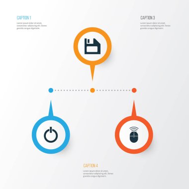 Aracı Icons Set. Disket, gücüyle, bilgisayar fare ve diğer öğeleri koleksiyonu. Ayrıca fare, düğme, güç gibi simgeler içerir.