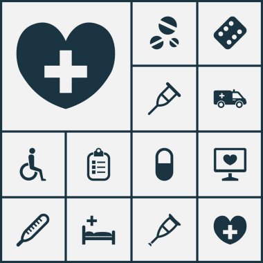 Tıp Icons Set. Özürlü, Stand, Mercury öğeleri koleksiyonu. Ayrıca ilk yardım, Polikliniği, tanılama gibi simgeler içerir.