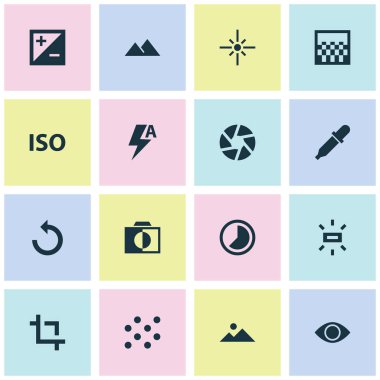 Fotoğraf simgeler kümesi. Filtrasyon, renksiz topluluğu, satranç ve diğer öğeleri. Ayrıca odak, sol, yeniden gibi simgeler içerir.