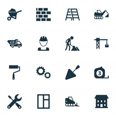 Sanayi Icons Set. Giriş, merdiven, traktör ve diğer öğeleri koleksiyonu. Ayrıca duvar, işleri, araçları gibi simgeler içerir.