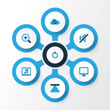 Multimedya renkli simgeler kümesi. Tablet, sessiz, vınlamak içinde ve diğer koleksiyon öğeleri. Ayrıca sessizlik, ekran, ekran gibi simgeler içerir.