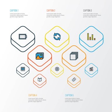 Multimedya renkli anahat simgelerini belirlemek. Denetleyicisi, Galeri, pikap ve diğer öğeleri koleksiyonu. Ayrıca Kategoriler, ses, ders kitabı gibi simgeler içerir.
