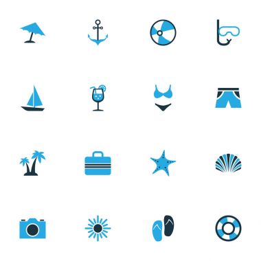 Güneş renkli simgeler kümesi. Bavul, Lifebuoy, taze meyve suyu ve diğer öğeleri koleksiyonu. Ayrıca güneş, Bagaj, yüzme gibi simgeler içerir.