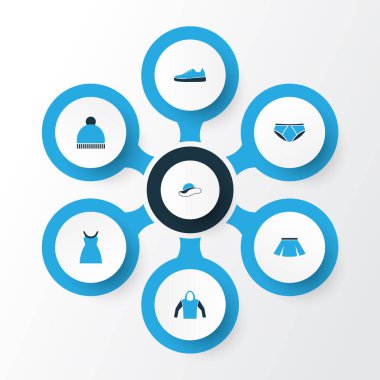 Renkli simgeler kümesi elbise. Şık şapka, Sweatshirt, külot ve diğer öğeleri koleksiyonu. Ayrıca ayakkabı, Kayak, Hoodie gibi simgeler içerir.