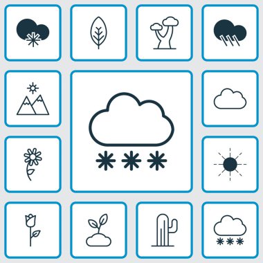 Doğa Icons Set. Güneş, meşe, bulut ve diğer öğeleri koleksiyonu. Ayrıca çiçek, sağnak, manzara gibi simgeler içerir.