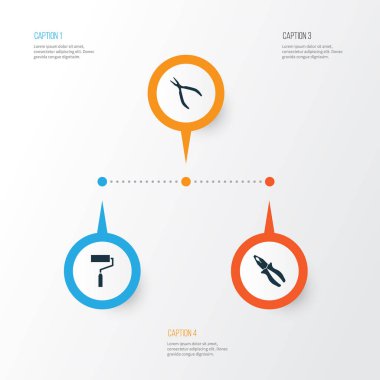 Icons Set onarın. Kelepçe, boya, yuvarlak pense ve diğer öğeleri koleksiyonu. Ayrıca, pense, silindir, boya gibi simgeler içerir.