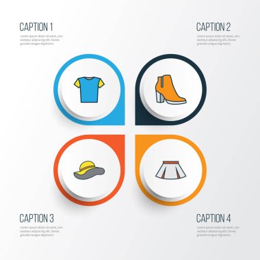 Giysi renkli anahat simgeler kümesi. T-Shirt, şık şapkalar, kadın çizme ve diğer öğeleri koleksiyonu. Ayrıca bot, kadın, kız gibi simgeler içerir.