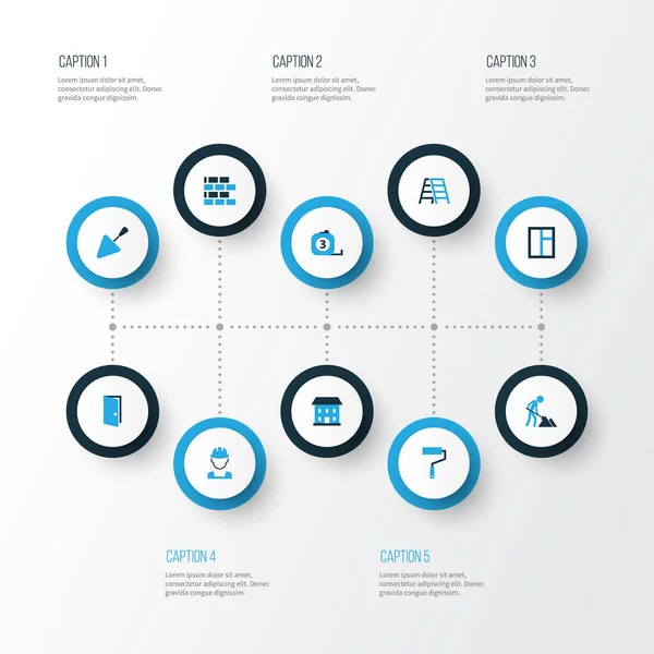 Renkli simgeler binada. Duvar, cam, işçi ve diğer öğeleri koleksiyonu. Ayrıca Pass, ev, mala gibi simgeler içerir.