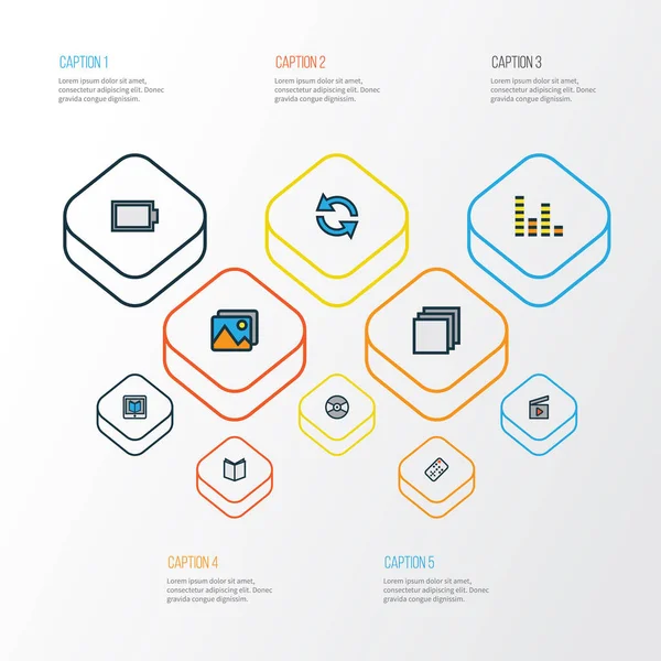 Multimedya renkli anahat simgelerini belirlemek. Denetleyicisi, Galeri, pikap ve diğer öğeleri koleksiyonu. Ayrıca Kategoriler, ses, ders kitabı gibi simgeler içerir.