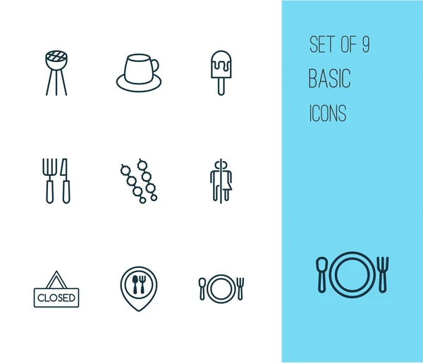 Restaurang ikoner Set. Samling av bestick, Sorbet, Grill och andra element. Innehåller också symboler såsom bestick, plakat, Cup. — Stock vektor