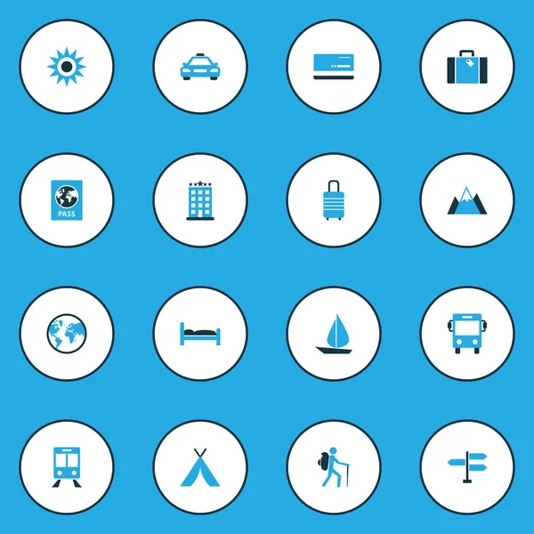 Yolculuk renkli simgeler kümesi. Yön tabelası, banka kartı, güneş ve diğer öğeleri koleksiyonu. Ayrıca tabelasını, Bagaj, valiz gibi simgeler içerir.