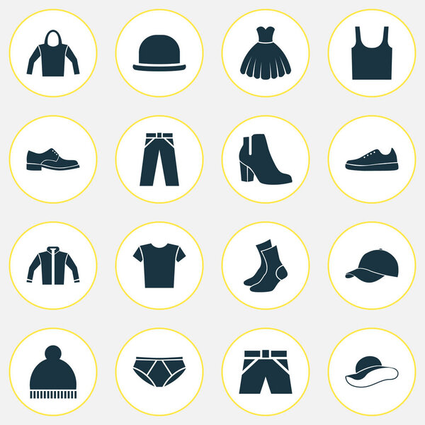 Clothes Icons Set. Collection Of Elegance, Sneakers, Half-Hose And Other Elements. Also Includes Symbols Such As Fedora, Jacket, Garment.