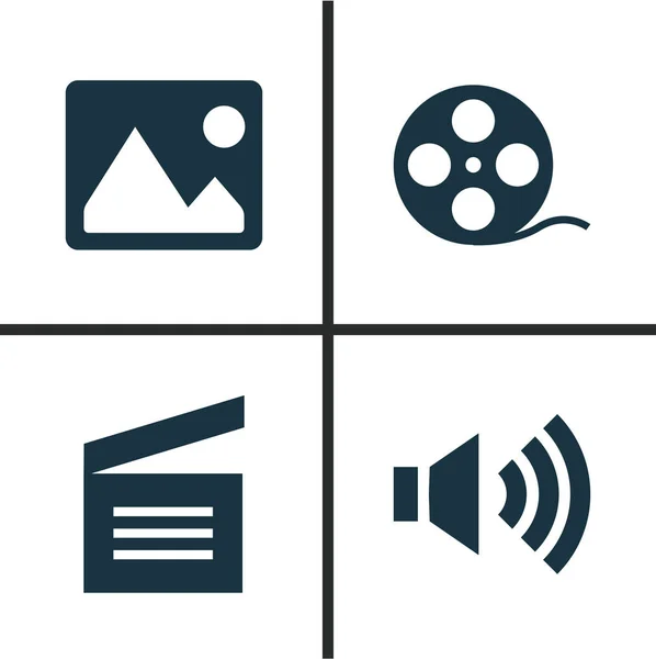 Ensemble d'icônes médias. Collection de Clapperboard, bande de film, mégaphone et autres éléments. Comprend également des symboles tels que l'image, bande de film, bobine . — Image vectorielle