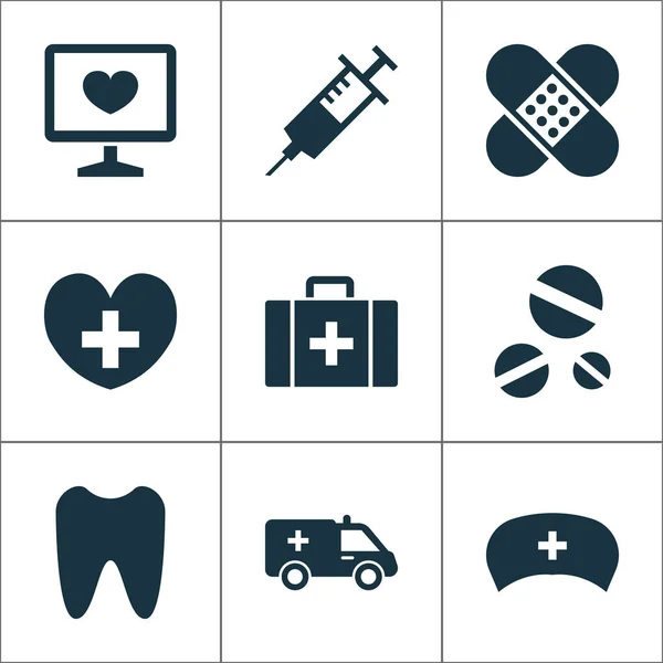 Antibiotika-Symbole gesetzt. Sammlung von Spritzen, Verbänden, Erste-Hilfe-Elementen. auch Symbole wie Erste Hilfe, Diagnostik, Heilung. — Stockvektor