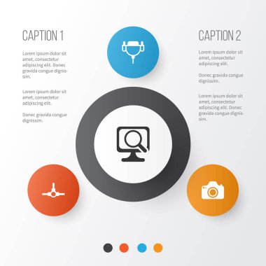 Donanım simgeleri ayarlayın. Vga kablosu, kamera, ağ yapısı ve diğer öğeleri koleksiyonu. Ayrıca bilgisayar, monitör, kamera gibi simgeler içerir.