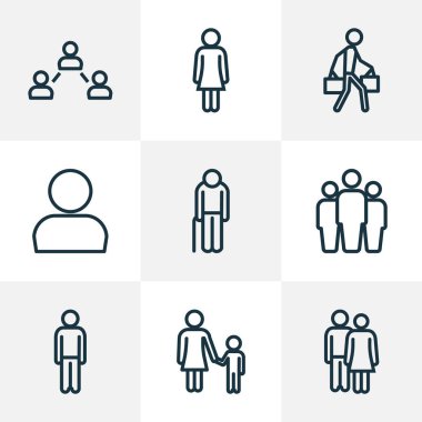 İnsan anahat simgelerini belirlemek. Çift, çekme, kadın ve diğer öğeleri koleksiyonu. Ayrıca kullanamayan, grubu, çocuk gibi simgeler içerir.