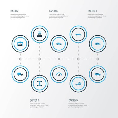 Araba renkli simgeler kümesi. Koleksiyon şasi, spor otomobil, kamyon ve diğer öğeleri. Spor, kamyon, hız gibi simgeler de içerir.