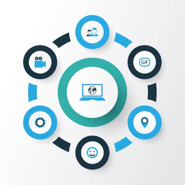 Sosyal renkli simgeler kümesi. Gülümseme, konumu, dişli ve diğer öğeleri koleksiyonu. Ayrıca video kamera, etiket, PIN gibi simgeler içerir.